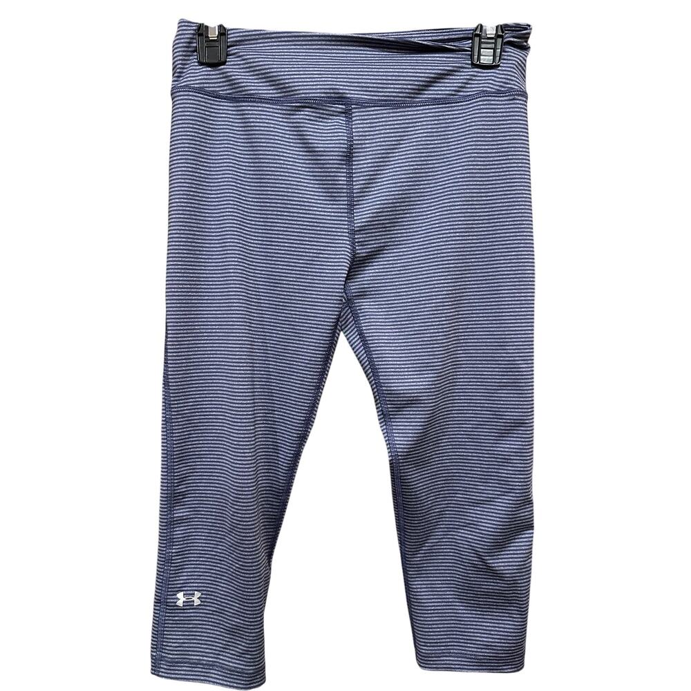 Under Armour Womens Capri Leggings Pants M Striped Blue HeatGear Compression